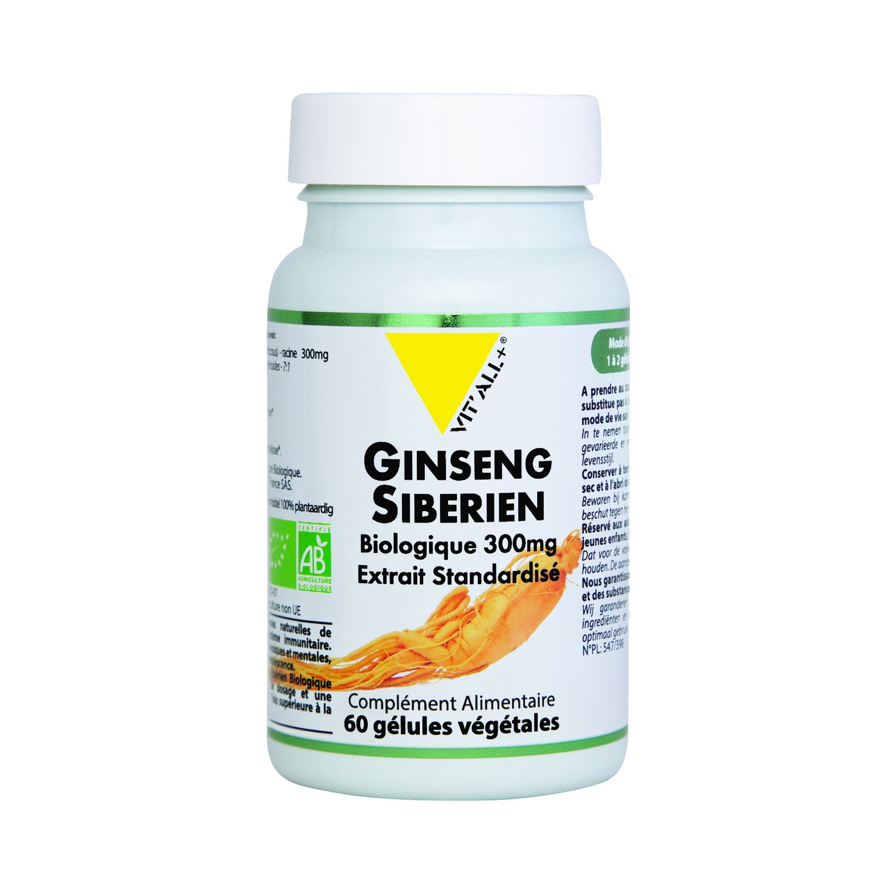 VIT'ALL+ ORGANIC SIBERIAN GINSENG 300mg standardised extract Botani+ validated